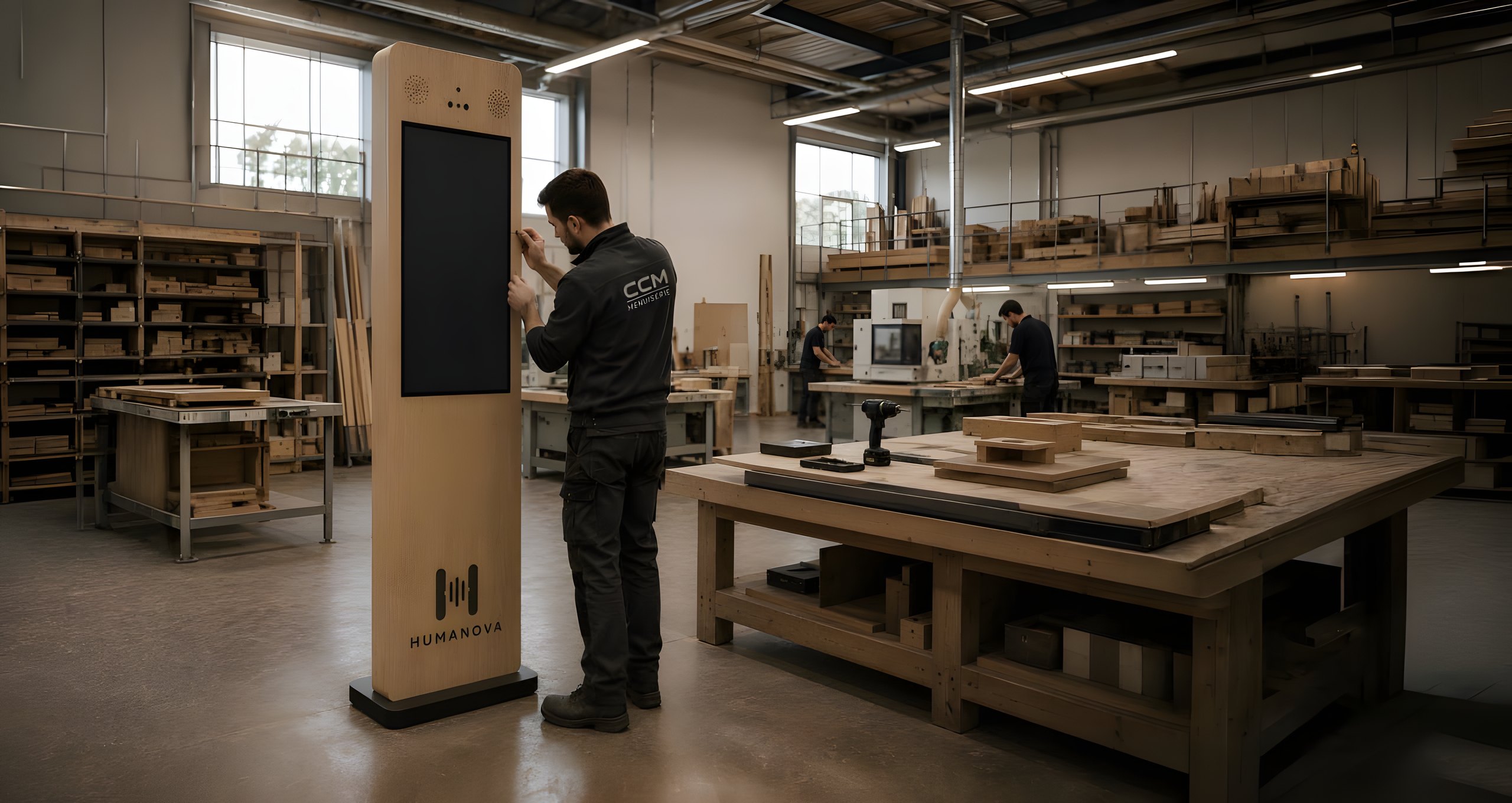 Fabrication des bornes HUMANOVA dans l'atelier CCM Menuiserie