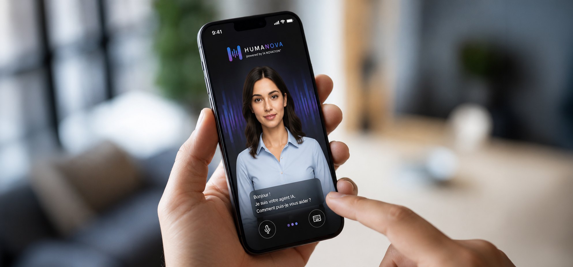 The HUMANOVA avatar on a smartphone, from home