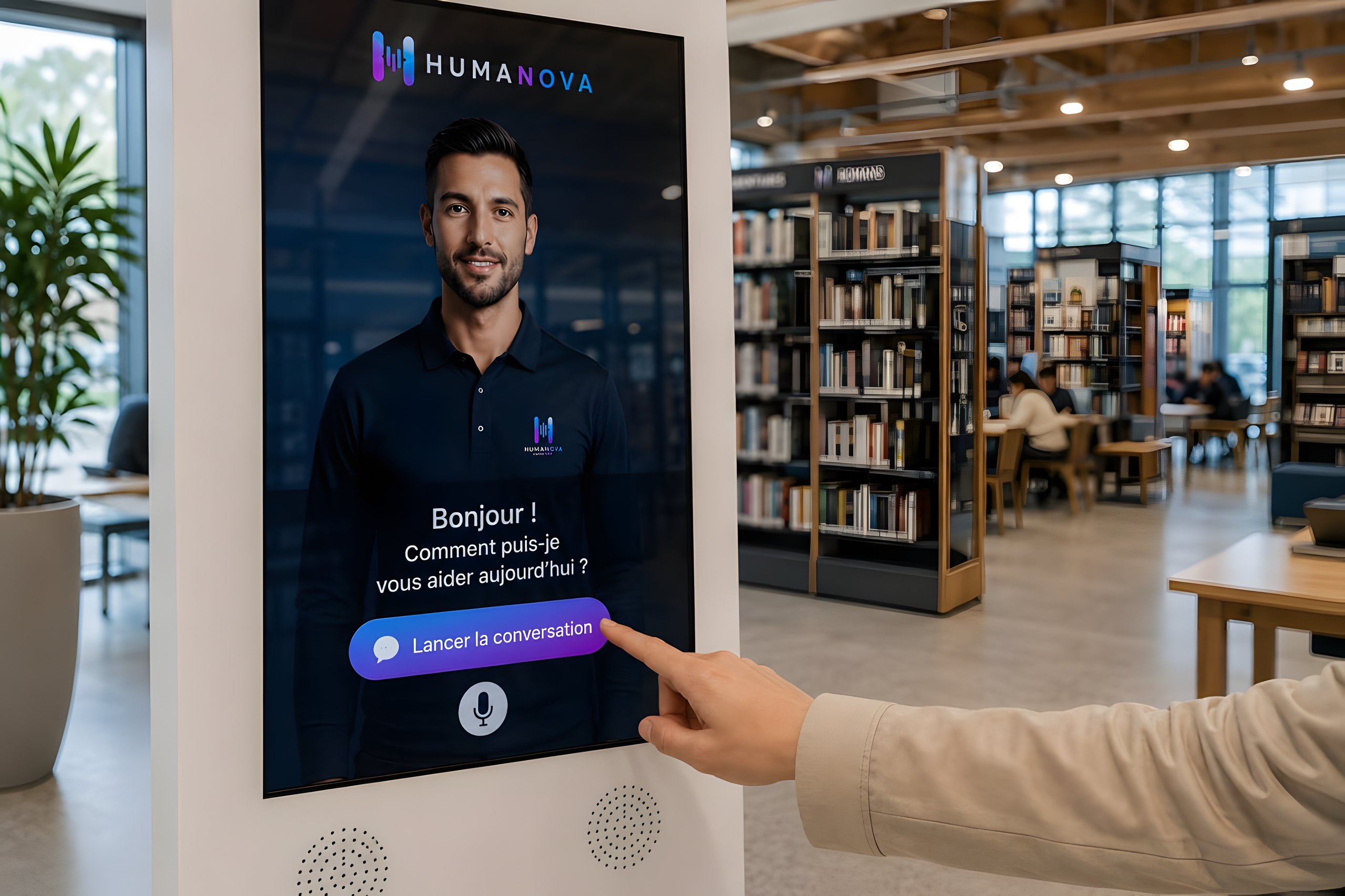 A visitor starts a conversation with the HUMANOVA avatar in a library