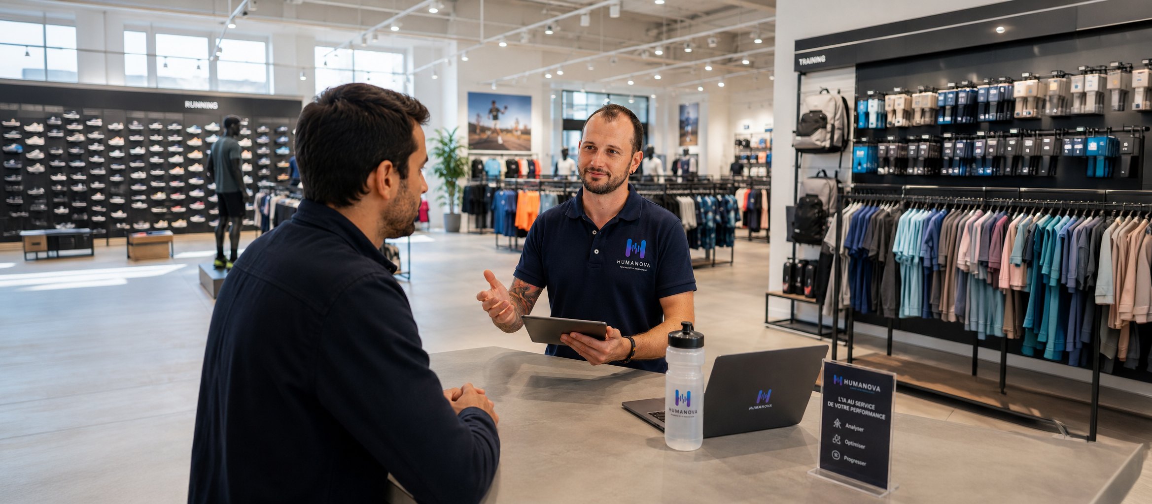 A HUMANOVA advisor with a customer in a sports store