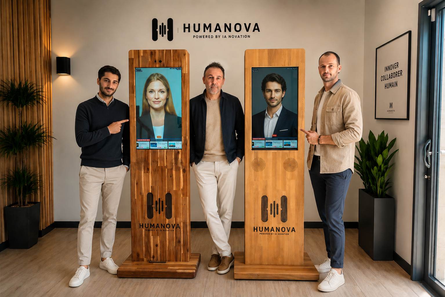 Anthony, Michael and Thomas, the three HUMANOVA founders, with two kiosks